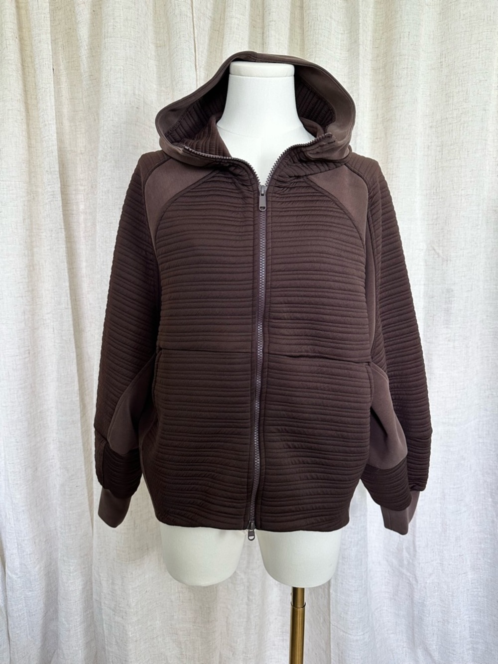Prana Ribbed Chocolate Brown Hooded Zip Jacket